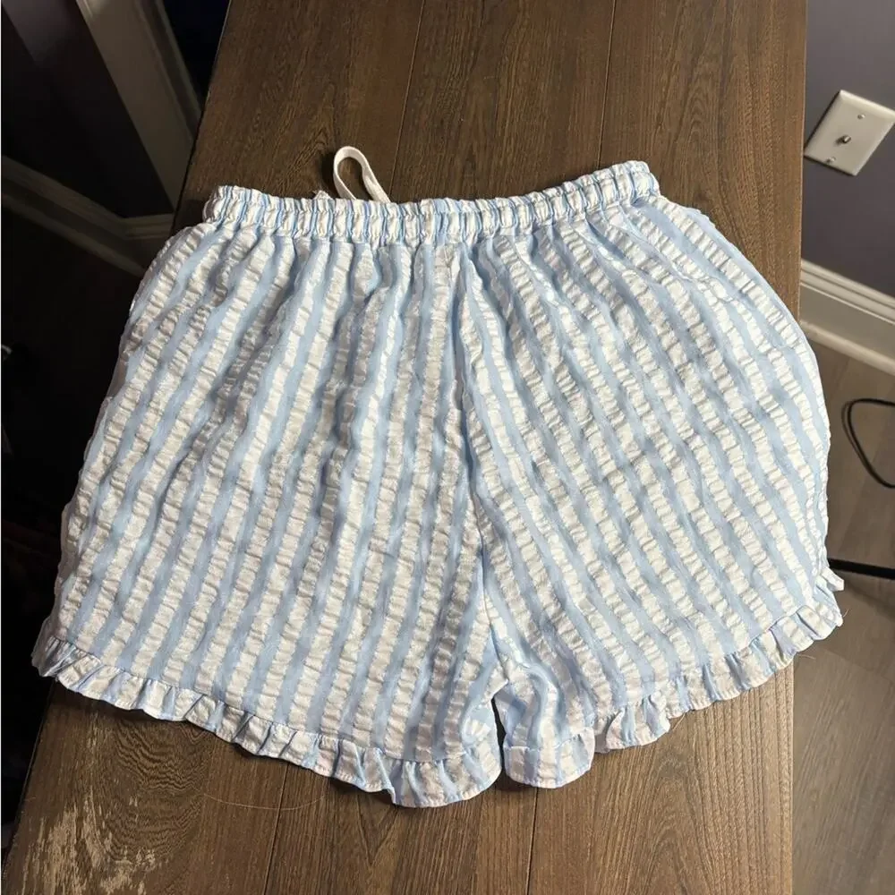 Blue White Striped Ruffle Hem Drawstring Shorts Large